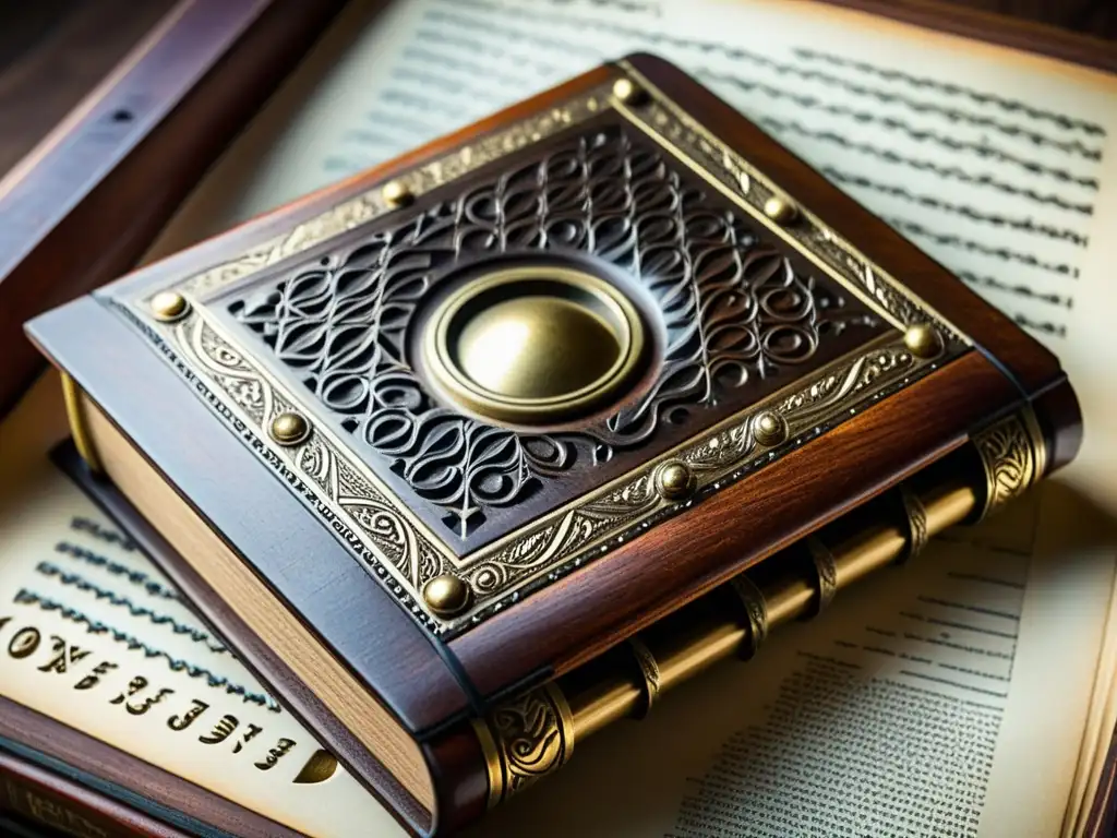 Una fotografía vintage en primer plano de un libro de braille de madera, rodeado de herramientas antiguas