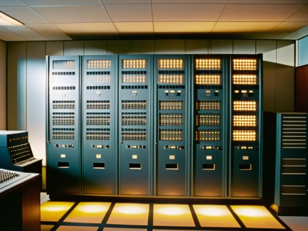 Una fotografía vintage del primer supercomputador, UNIVAC I, llena una habitación con sus enormes gabinetes y carretes de cinta