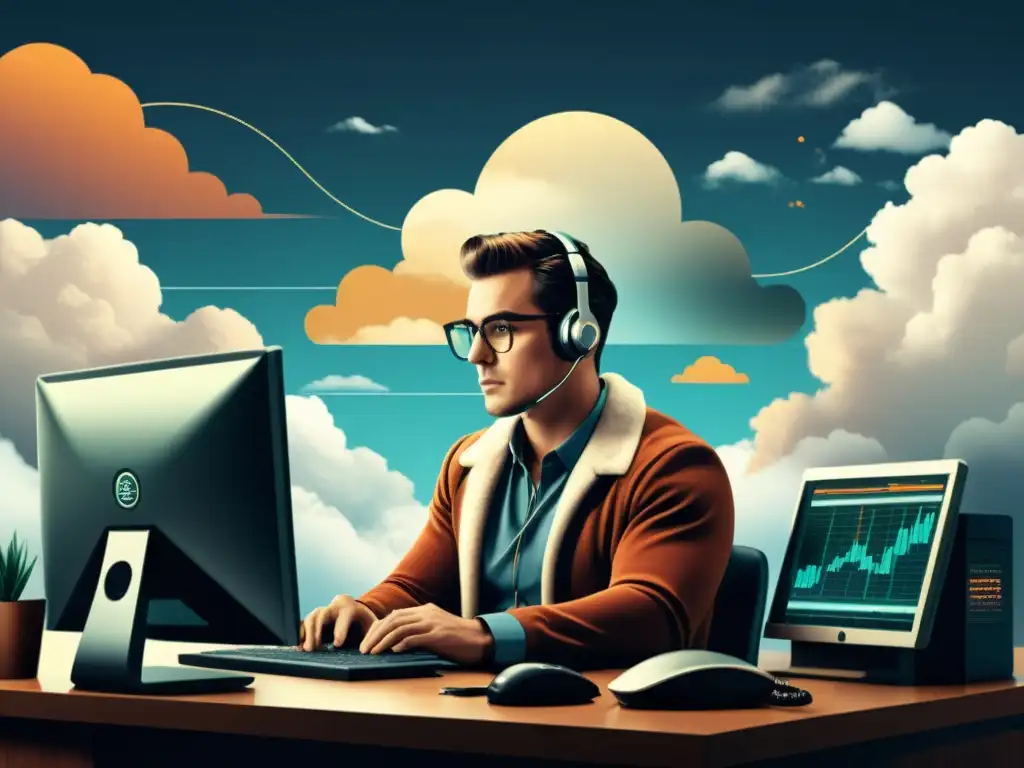 Un ilustración vintage de un trader analizando datos en la nube