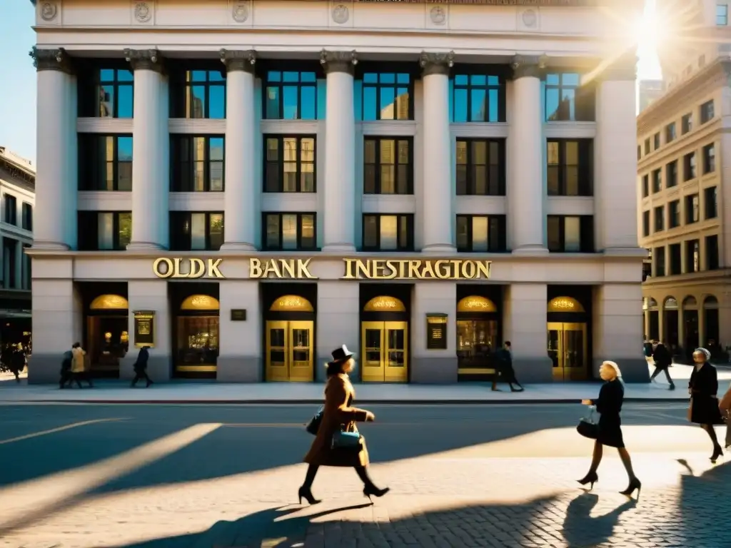 Vista de una calle de la ciudad con edificios bancarios antiguos y gente vestida de época, mostrando la integración financiera en la era digital