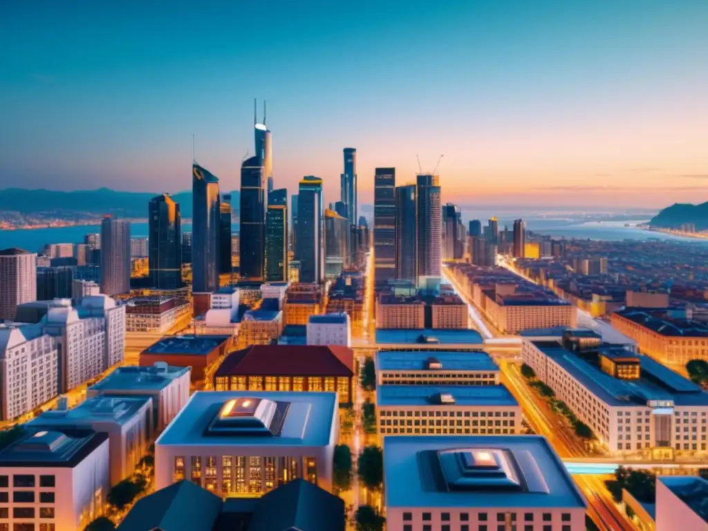 Metrópolis futurista: luces LED y autos autónomos en la ciudad inteligente Vista de la ciudad moderna al anochecer, con evolución de la computación smart cities integrada en su infraestructura futurista y conectada