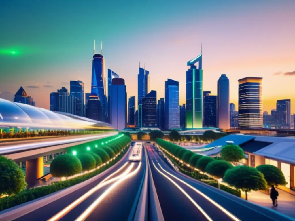 Metropolis futurista: integración perfecta de tecnología y vida urbana Vista de la evolución de la computación en smart cities con arquitectura futurista y tecnología IoT integrada en la ciudad al anochecer