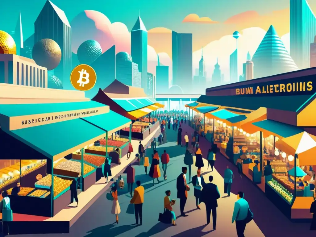 Vista detallada de mercado de altcoins en una ciudad futurista, reflejando la importancia de las Altcoins en criptoactivos